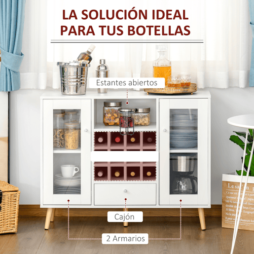 HOMCOM Aparador de Cozinha Armário de Armazenamento com 12 suportes para Garrafas e 3 Estantes Portas de vidro 100x30x80cm Branco