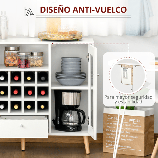 HOMCOM Aparador de Cozinha Armário de Armazenamento com 12 suportes para Garrafas e 3 Estantes Portas de vidro 100x30x80cm Branco