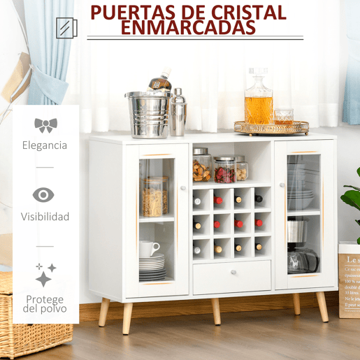 HOMCOM Aparador de Cozinha Armário de Armazenamento com 12 suportes para Garrafas e 3 Estantes Portas de vidro 100x30x80cm Branco