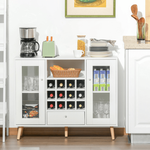 HOMCOM Aparador de Cozinha Armário de Armazenamento com 12 suportes para Garrafas e 3 Estantes Portas de vidro 100x30x80cm Branco