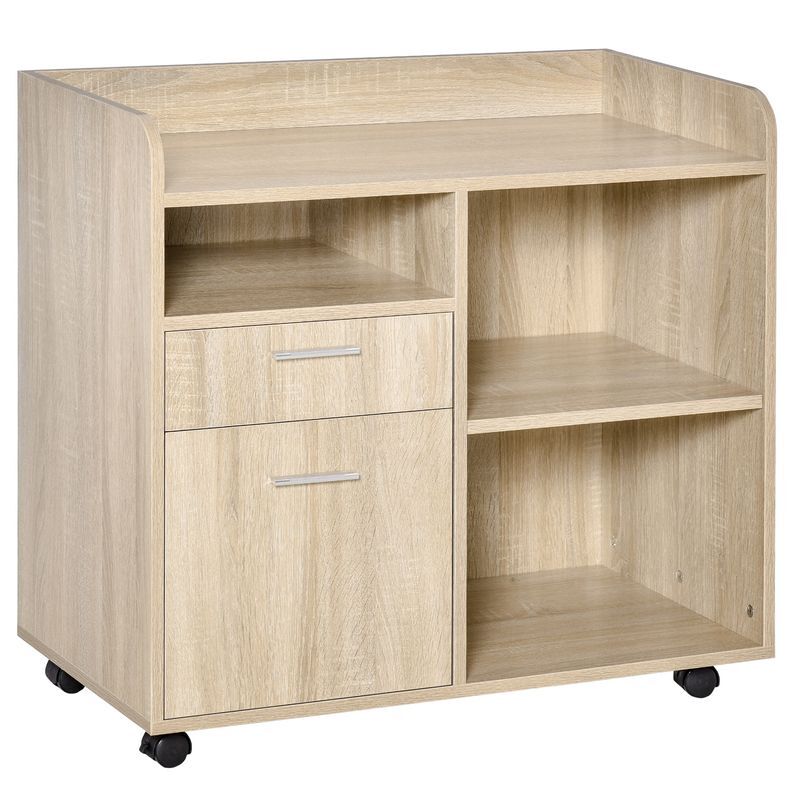 Vinsetto mueble de impresora carro multifuncional de oficina con 3 compartimentos 2 cajones para archivos estante ajustable ruedas con 2 frenos 80x40x72 cm roble