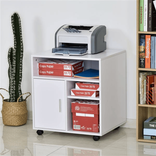 HOMCOM Armário de Escritório para Impressora Móvel para Escritório Multifuncional com Prateleiras e Amplo Espaço de Armazenamento 60x50x65,5 cm Branco