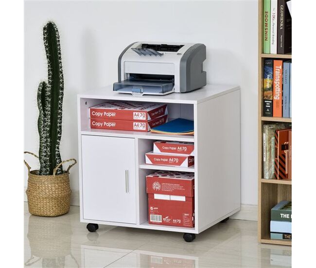 Homcom mueble para impresora con ruedas, soporte de impresora con compartimentos abiertos y puerta, para oficina, hogar, estudio, 60x50x65,5 cm, blanco