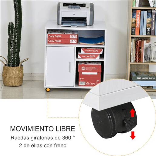 HOMCOM Armário de Escritório para Impressora Móvel para Escritório Multifuncional com Prateleiras e Amplo Espaço de Armazenamento 60x50x65,5 cm Branco