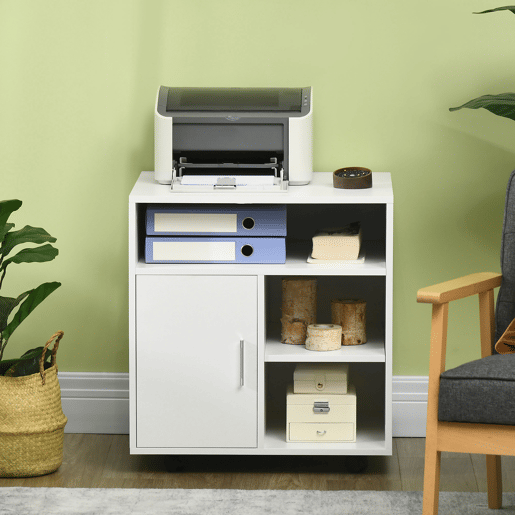 HOMCOM Armário de Escritório para Impressora Móvel para Escritório Multifuncional com Prateleiras e Amplo Espaço de Armazenamento 60x50x65,5 cm Branco