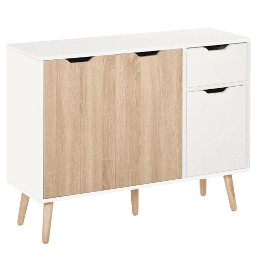 HOMCOM Aparador Móvel Auxiliar de Armazenamento com 2 Armários de Porta Gaveta Pés de Madeira para Sala de Estar Cozinha Dormitório 90x30x72cm Natural e Branco