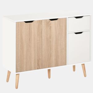 HOMCOM Aparador Móvel Auxiliar de Armazenamento com 2 Armários de Porta Gaveta Pés de Madeira para Sala de Estar Cozinha Dormitório 90x30x72cm Natural e Branco