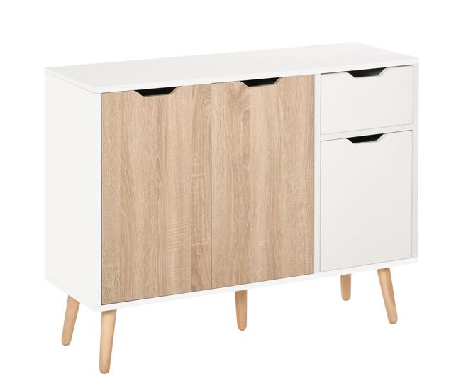 Homcom aparador moderno aparador para salón con 3 puertas y cajón mueble auxiliar para salón cocina dormitorio 90x30x72 cm blanco y natural