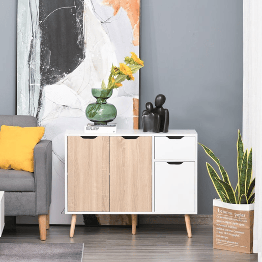 HOMCOM Aparador Móvel Auxiliar de Armazenamento com 2 Armários de Porta Gaveta Pés de Madeira para Sala de Estar Cozinha Dormitório 90x30x72cm Natural e Branco