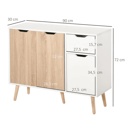 HOMCOM Aparador Móvel Auxiliar de Armazenamento com 2 Armários de Porta Gaveta Pés de Madeira para Sala de Estar Cozinha Dormitório 90x30x72cm Natural e Branco