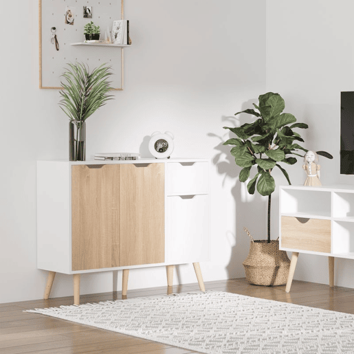 HOMCOM Aparador Móvel Auxiliar de Armazenamento com 2 Armários de Porta Gaveta Pés de Madeira para Sala de Estar Cozinha Dormitório 90x30x72cm Natural e Branco