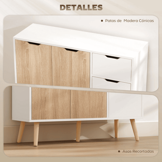 HOMCOM Aparador Móvel Auxiliar de Armazenamento com 2 Armários de Porta Gaveta Pés de Madeira para Sala de Estar Cozinha Dormitório 90x30x72cm Natural e Branco