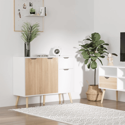 HOMCOM Aparador Móvel Auxiliar de Armazenamento com 2 Armários de Porta Gaveta Pés de Madeira para Sala de Estar Cozinha Dormitório 90x30x72cm Natural e Branco