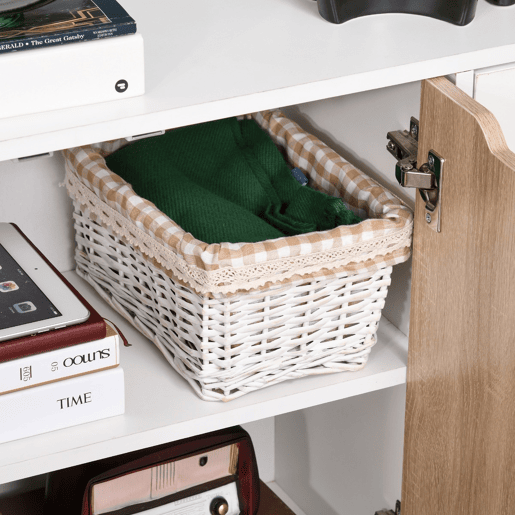 HOMCOM Aparador Móvel Auxiliar de Armazenamento com 2 Armários de Porta Gaveta Pés de Madeira para Sala de Estar Cozinha Dormitório 90x30x72cm Natural e Branco