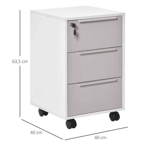 HOMCOM Arquivador Móvel de Escritório com 3 Gavetas Fechadura Rodas e Travão para Documentos Arquivos 40x40x63,5 cm Branco e Cinza