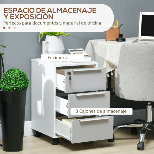 HOMCOM Arquivador Móvel de Escritório com 3 Gavetas Fechadura Rodas e Travão para Documentos Arquivos 40x40x63,5 cm Branco e Cinza