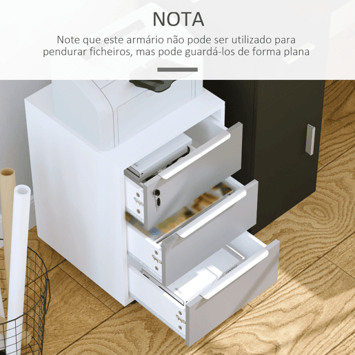 HOMCOM Arquivador Móvel de Escritório com 3 Gavetas Fechadura Rodas e Travão para Documentos Arquivos 40x40x63,5 cm Branco e Cinza