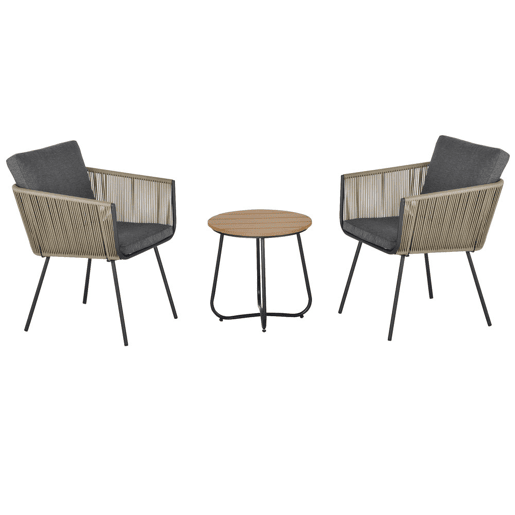 Outsunny Conjunto de Móveis de Vime Conjunto de Móveis para Jardim 3 Peças Mesa Redonda e 2 Poltronas com Almofadas Acolchoadas Pátio Terraço Cinza e Marrom