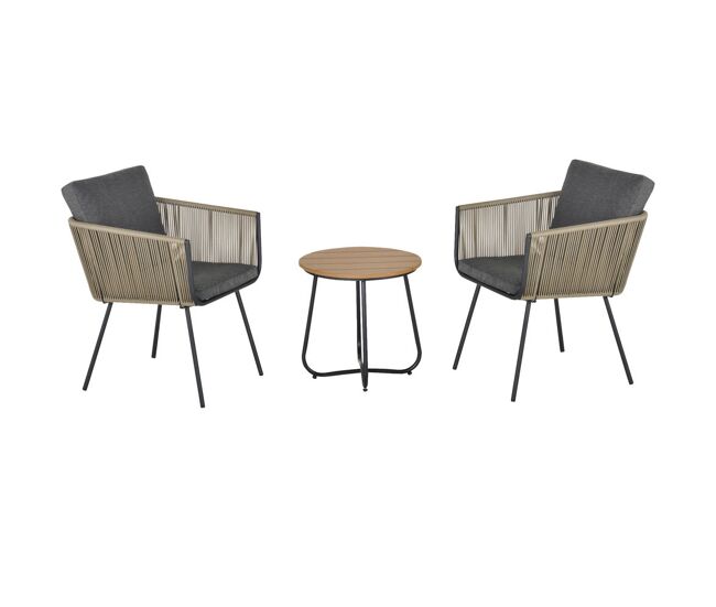 Outsunny conjunto de muebles de jardín juego de 3 piezas muebles de ratán 1 mesa redonda y 2 sillas butaca con cojines acolchados para balcón terraza acero caqui y gris