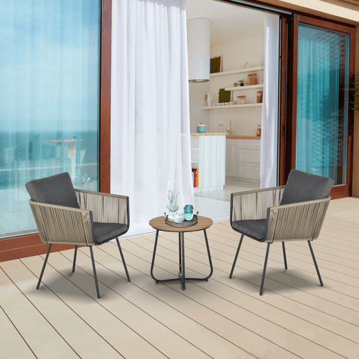 Outsunny Conjunto de Móveis de Vime Conjunto de Móveis para Jardim 3 Peças Mesa Redonda e 2 Poltronas com Almofadas Acolchoadas Pátio Terraço Cinza e Marrom