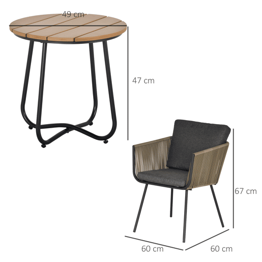 Outsunny Conjunto de Móveis de Vime Conjunto de Móveis para Jardim 3 Peças Mesa Redonda e 2 Poltronas com Almofadas Acolchoadas Pátio Terraço Cinza e Marrom