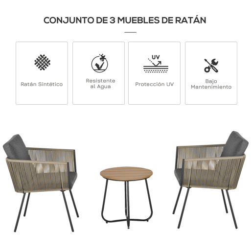 Outsunny Conjunto de Móveis de Vime Conjunto de Móveis para Jardim 3 Peças Mesa Redonda e 2 Poltronas com Almofadas Acolchoadas Pátio Terraço Cinza e Marrom