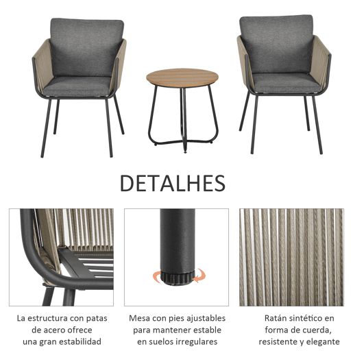 Outsunny Conjunto de Móveis de Vime Conjunto de Móveis para Jardim 3 Peças Mesa Redonda e 2 Poltronas com Almofadas Acolchoadas Pátio Terraço Cinza e Marrom