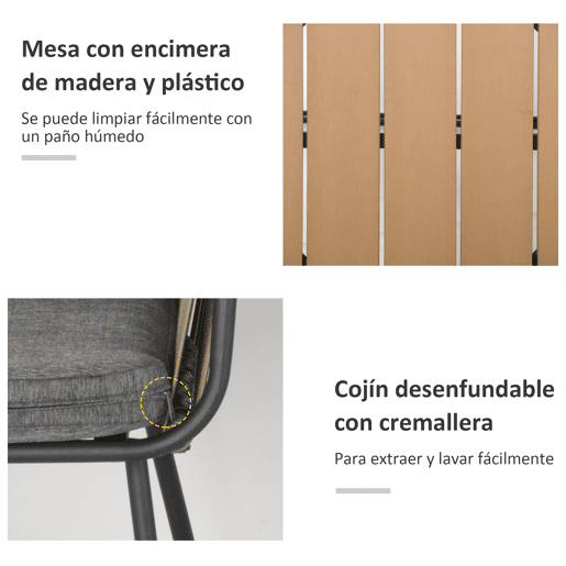 Outsunny Conjunto de Móveis de Vime Conjunto de Móveis para Jardim 3 Peças Mesa Redonda e 2 Poltronas com Almofadas Acolchoadas Pátio Terraço Cinza e Marrom