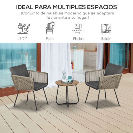Outsunny Conjunto de Móveis de Vime Conjunto de Móveis para Jardim 3 Peças Mesa Redonda e 2 Poltronas com Almofadas Acolchoadas Pátio Terraço Cinza e Marrom