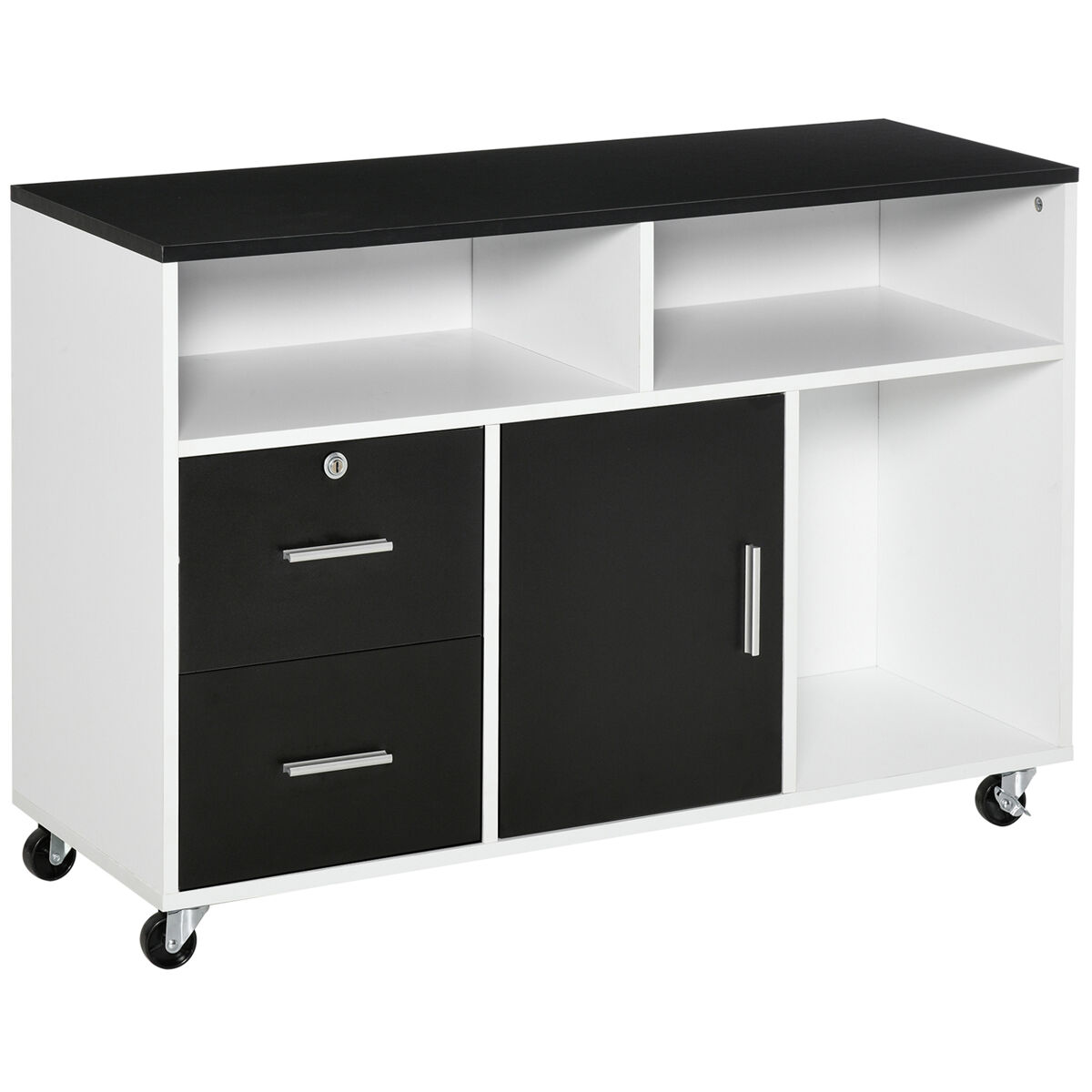 Homcom mueble auxiliar de oficina mueble archivador con ruedas estantes y cajones armario multiusos con gran almacenaje 100x35x65 cm negro y blanco