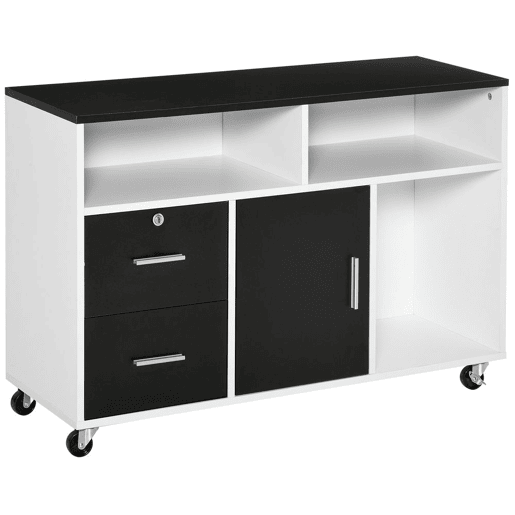 HOMCOM Móvel Auxiliar de Escritório Móvel Arquivador com Rodas Prateleiras Gaveta e Armário Multiuso com Grande Armazenamento 100x35x65cm Preto