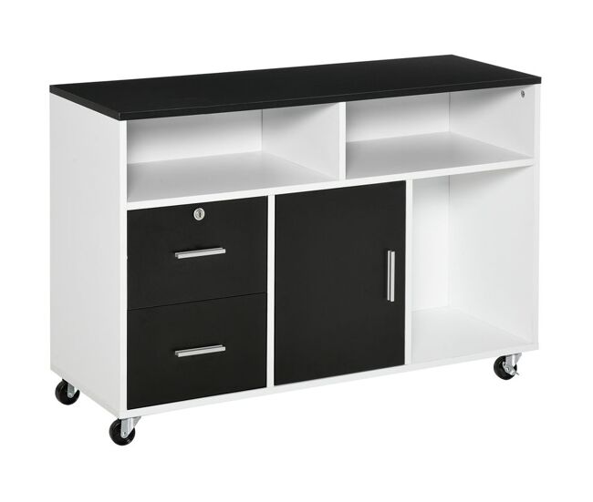 Homcom mueble auxiliar de oficina mueble archivador con ruedas estantes y cajones armario multiusos con gran almacenaje 100x35x65 cm negro y blanco
