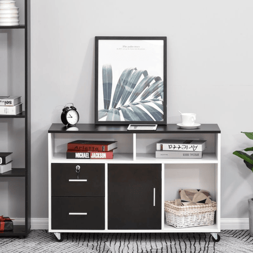 HOMCOM Móvel Auxiliar de Escritório Móvel Arquivador com Rodas Prateleiras Gaveta e Armário Multiuso com Grande Armazenamento 100x35x65cm Preto
