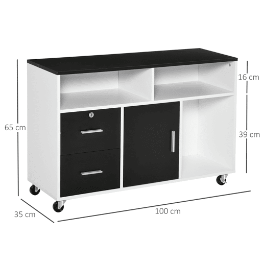 HOMCOM Móvel Auxiliar de Escritório Móvel Arquivador com Rodas Prateleiras Gaveta e Armário Multiuso com Grande Armazenamento 100x35x65cm Preto