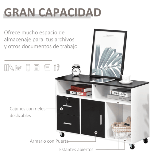 HOMCOM Móvel Auxiliar de Escritório Móvel Arquivador com Rodas Prateleiras Gaveta e Armário Multiuso com Grande Armazenamento 100x35x65cm Preto