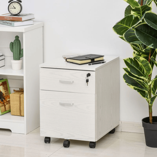 Vinsetto Arquivador para Escritório Móvel de Arquivos com 2 Gavetas 5 Rodas com Travões e Fechadura com 2 Chaves para Escritório Secretária Casa 40x45x55,6cm Branco