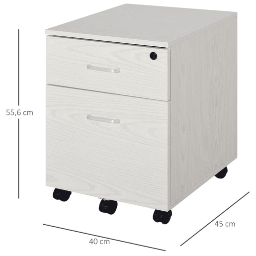 Vinsetto Arquivador para Escritório Móvel de Arquivos com 2 Gavetas 5 Rodas com Travões e Fechadura com 2 Chaves para Escritório Secretária Casa 40x45x55,6cm Branco