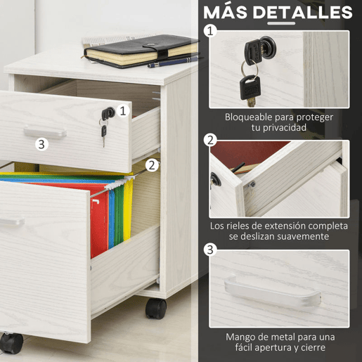 Vinsetto Arquivador para Escritório Móvel de Arquivos com 2 Gavetas 5 Rodas com Travões e Fechadura com 2 Chaves para Escritório Secretária Casa 40x45x55,6cm Branco
