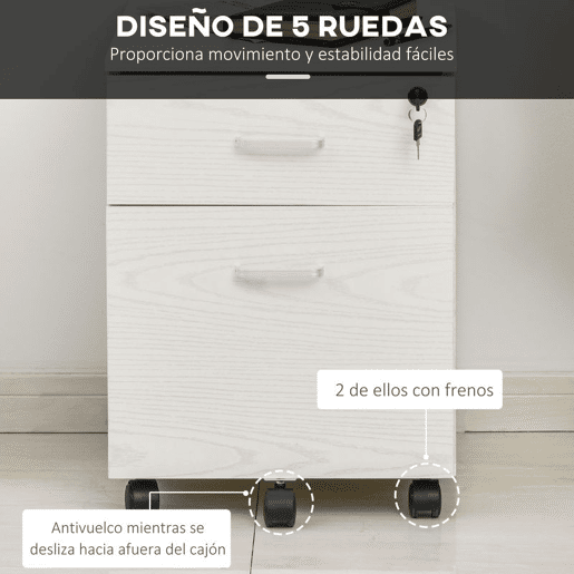 Vinsetto Arquivador para Escritório Móvel de Arquivos com 2 Gavetas 5 Rodas com Travões e Fechadura com 2 Chaves para Escritório Secretária Casa 40x45x55,6cm Branco