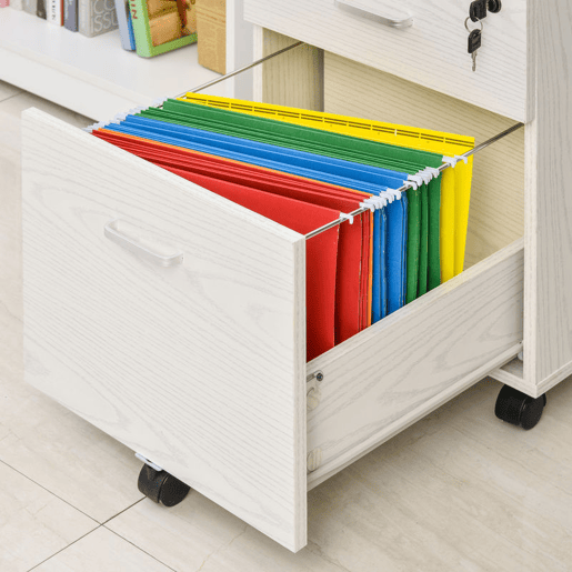 Vinsetto Arquivador para Escritório Móvel de Arquivos com 2 Gavetas 5 Rodas com Travões e Fechadura com 2 Chaves para Escritório Secretária Casa 40x45x55,6cm Branco