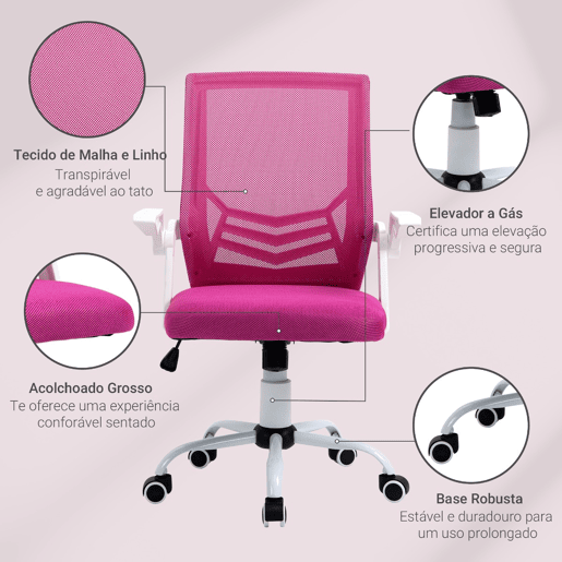 Vinsetto Cadeira de Escritório Ergonômica Cadeira de Escritório Giratória com Altura Ajustável Apoio para os Braços Dobrável Suporte Lombar e Encosto Transpirável 62,5x55x94-104cm Rosa