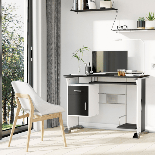 HOMCOM Mesa para Computador com Gaveta Armário e Suporte para CPU Secretária para Escritório Estúdio Dormitório 100x52x75cm Preto e Branco