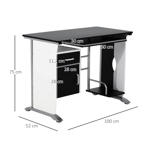 HOMCOM Mesa para Computador com Gaveta Armário e Suporte para CPU Secretária para Escritório Estúdio Dormitório 100x52x75cm Preto e Branco