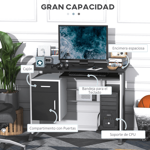 HOMCOM Mesa para Computador com Gaveta Armário e Suporte para CPU Secretária para Escritório Estúdio Dormitório 100x52x75cm Preto e Branco