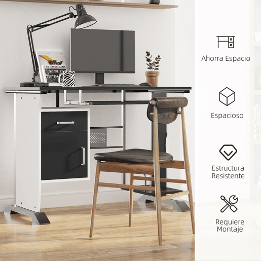 HOMCOM Mesa para Computador com Gaveta Armário e Suporte para CPU Secretária para Escritório Estúdio Dormitório 100x52x75cm Preto e Branco