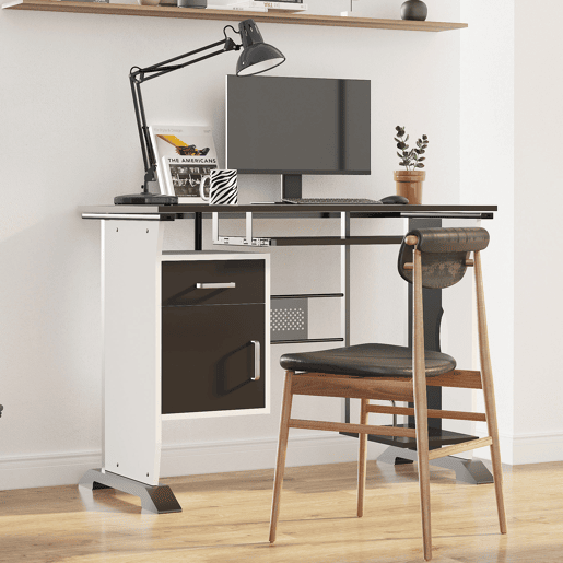 HOMCOM Mesa para Computador com Gaveta Armário e Suporte para CPU Secretária para Escritório Estúdio Dormitório 100x52x75cm Preto e Branco