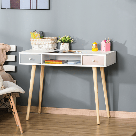 HOMCOM Consola Secretária Infantil com 1 Compartimento Aberto e 2 Gavetas Estilo Nórdico para Dormitório Entrada 100x48x76,5cm Multicolor