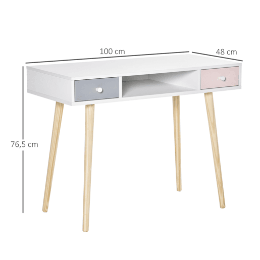 HOMCOM Consola Secretária Infantil com 1 Compartimento Aberto e 2 Gavetas Estilo Nórdico para Dormitório Entrada 100x48x76,5cm Multicolor