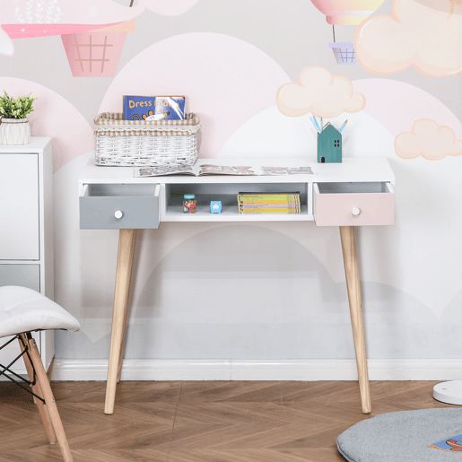 HOMCOM Consola Secretária Infantil com 1 Compartimento Aberto e 2 Gavetas Estilo Nórdico para Dormitório Entrada 100x48x76,5cm Multicolor
