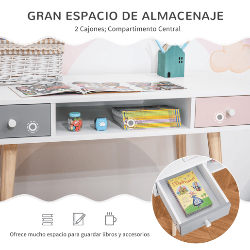 HOMCOM Consola Secretária Infantil com 1 Compartimento Aberto e 2 Gavetas Estilo Nórdico para Dormitório Entrada 100x48x76,5cm Multicolor